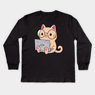 Computer Nerd Cat | Funny Cat Owner Kids Long Sleeve T-Shirt